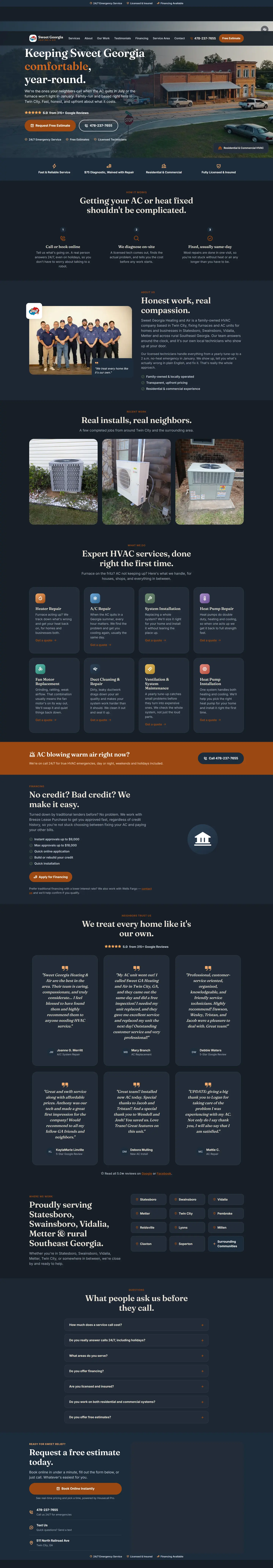 The rebuilt website, captured in full: dark layout with the phone number and Free Estimate button in the header, a 5.0 Google rating near the top, service cards, financing, real install photos, customer reviews, an FAQ, and instant online booking. On the live site the header is drone footage of the shop, the crew, and the trucks heading out in the morning, not the still image shown here.