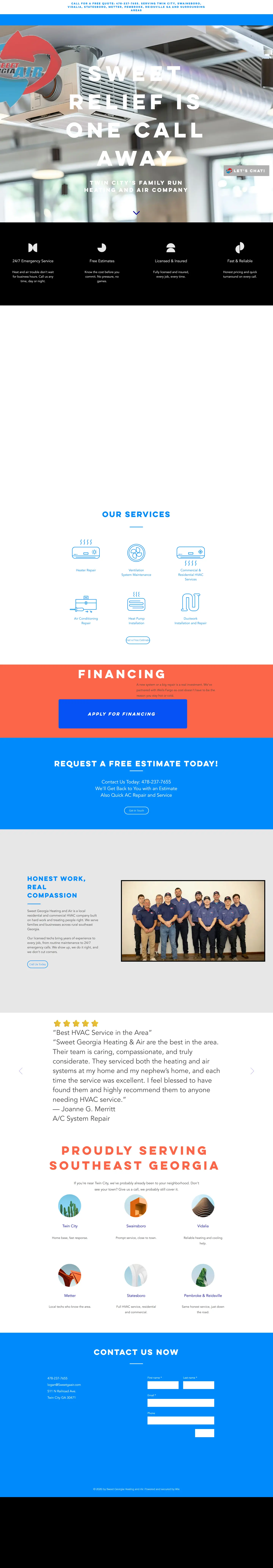 The previous website, captured in full: a stock hero image, small icon row, sparse service list, bright orange and blue blocks, and a contact form at the very bottom.